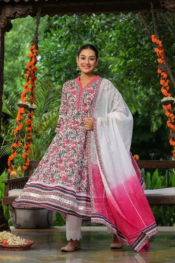 Anarkhi Women's White & Pink Floral Printed Anarkali Kurta Pant & Dupatta Set | Elegant Festive Ethnic Wear