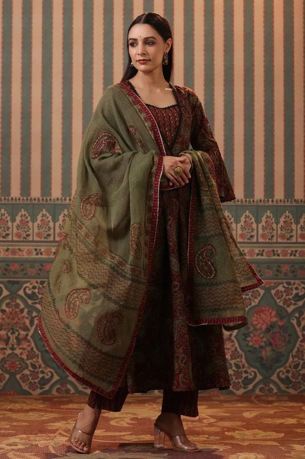 Anarkhi Women's Dark Brown & Olive Paisley Printed Anarkali Kurta Pant & Dupatta Set | Premium Ethnic Wear