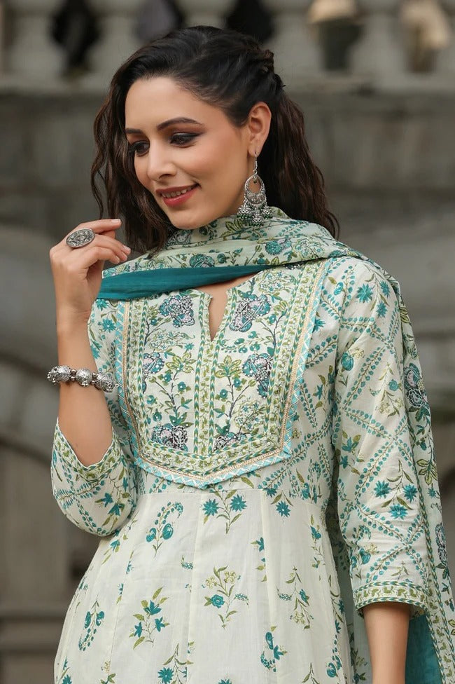 Anarkhi Women's Ivory & Teal Floral Printed Anarkali Kurta Pant & Dupatta Set | Elegant Ethnic Wear