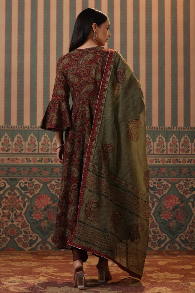 Anarkhi Women's Dark Brown & Olive Paisley Printed Anarkali Kurta Pant & Dupatta Set | Premium Ethnic Wear