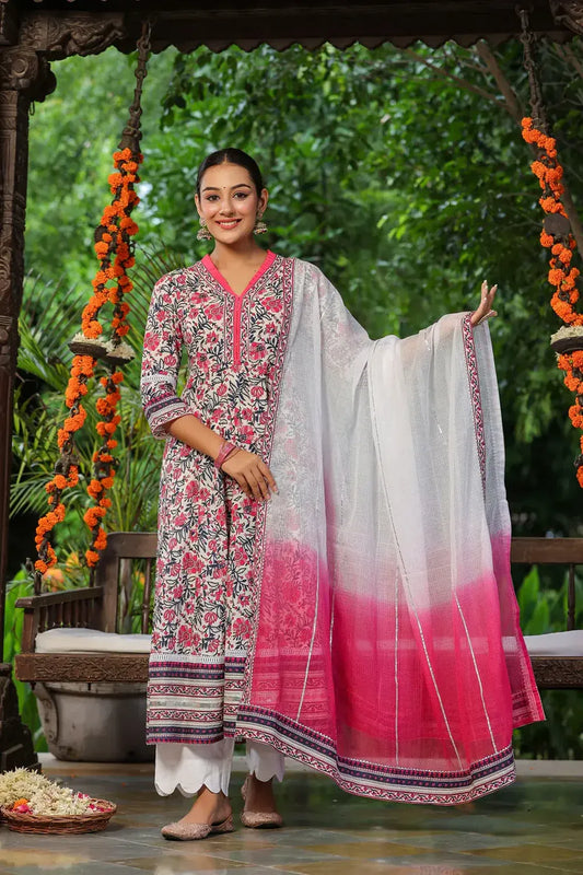 Anarkhi Women's White & Pink Floral Printed Anarkali Kurta Pant & Dupatta Set | Elegant Festive Ethnic Wear