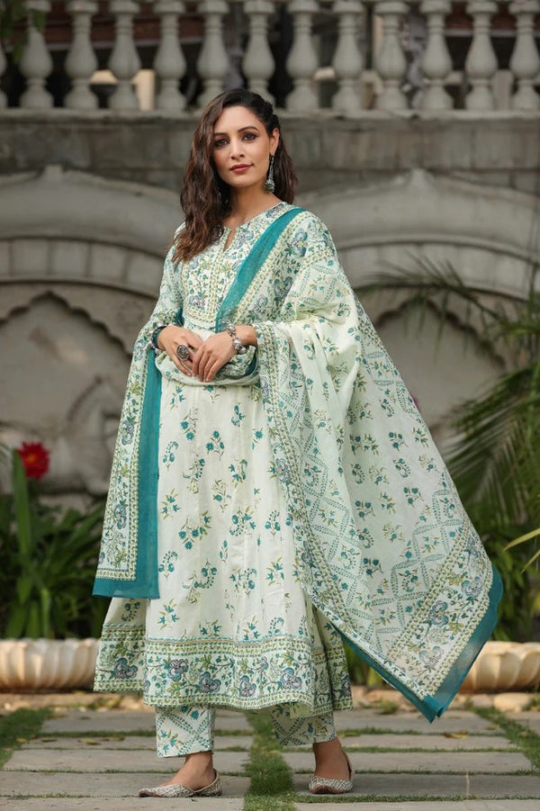 Anarkhi Women's Ivory & Teal Floral Printed Anarkali Kurta Pant & Dupatta Set | Elegant Ethnic Wear
