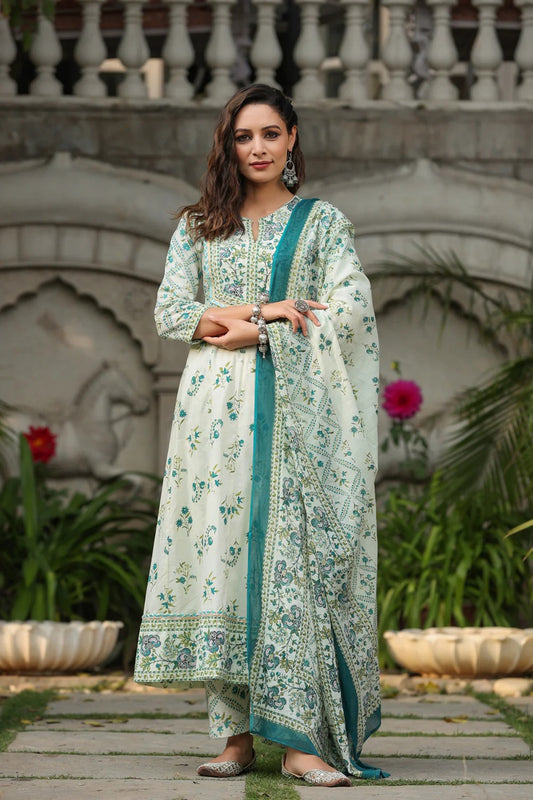 Anarkhi Women's Ivory & Teal Floral Printed Anarkali Kurta Pant & Dupatta Set | Elegant Ethnic Wear