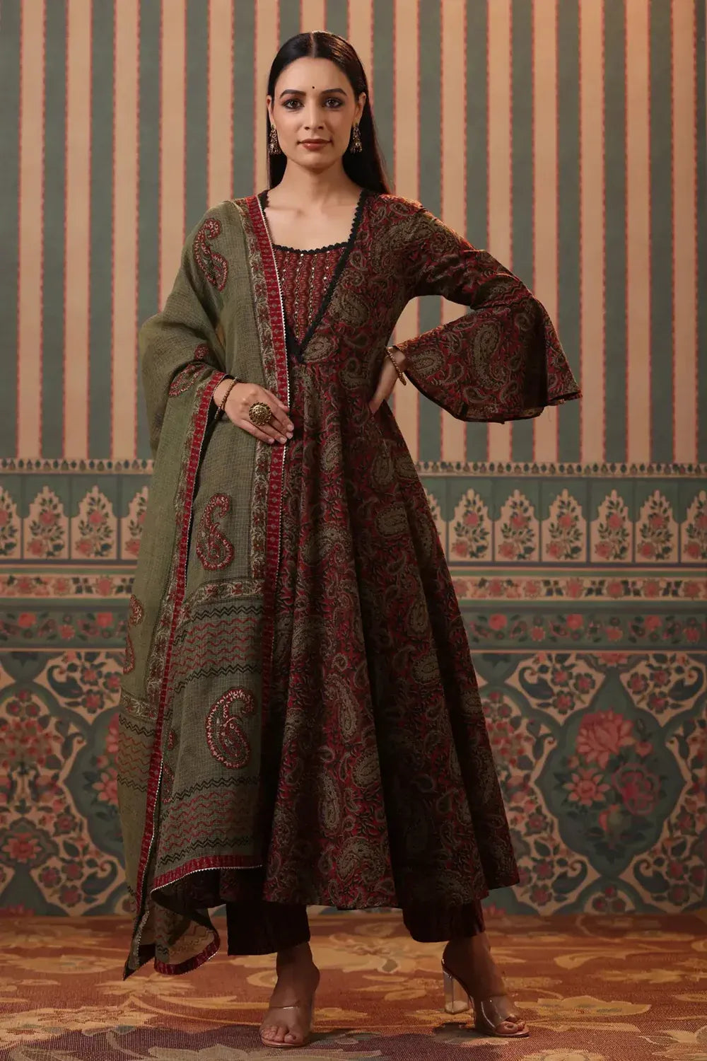 Anarkhi Women's Dark Brown & Olive Paisley Printed Anarkali Kurta Pant & Dupatta Set | Premium Ethnic Wear