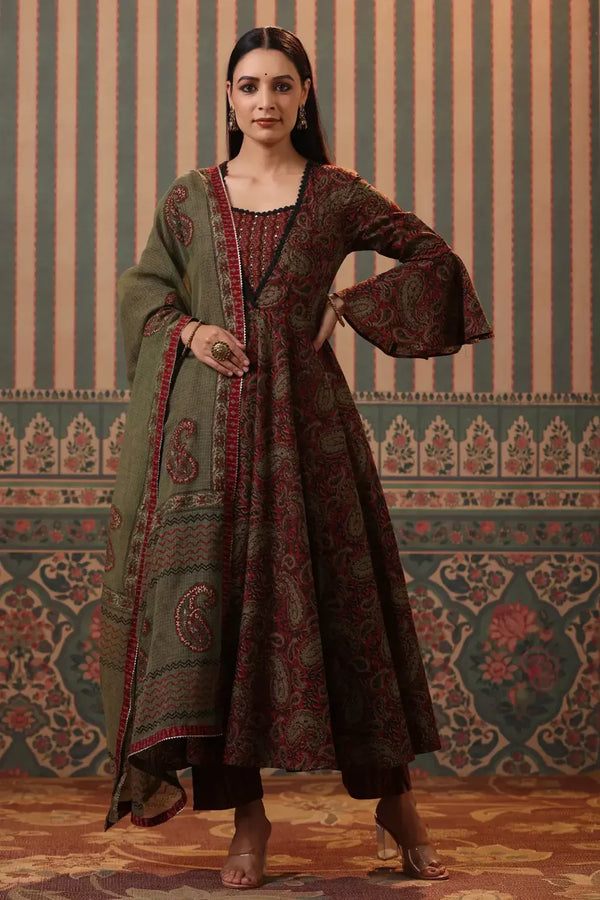 Anarkhi Women's Dark Brown & Olive Paisley Printed Anarkali Kurta Pant & Dupatta Set | Premium Ethnic Wear