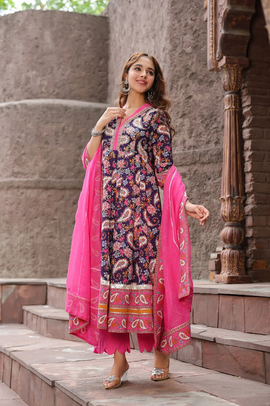 Anarkhi Women's Navy Blue Floral Printed Anarkali Kurta Pant & Dupatta Set | Elegant Ethnic Wear